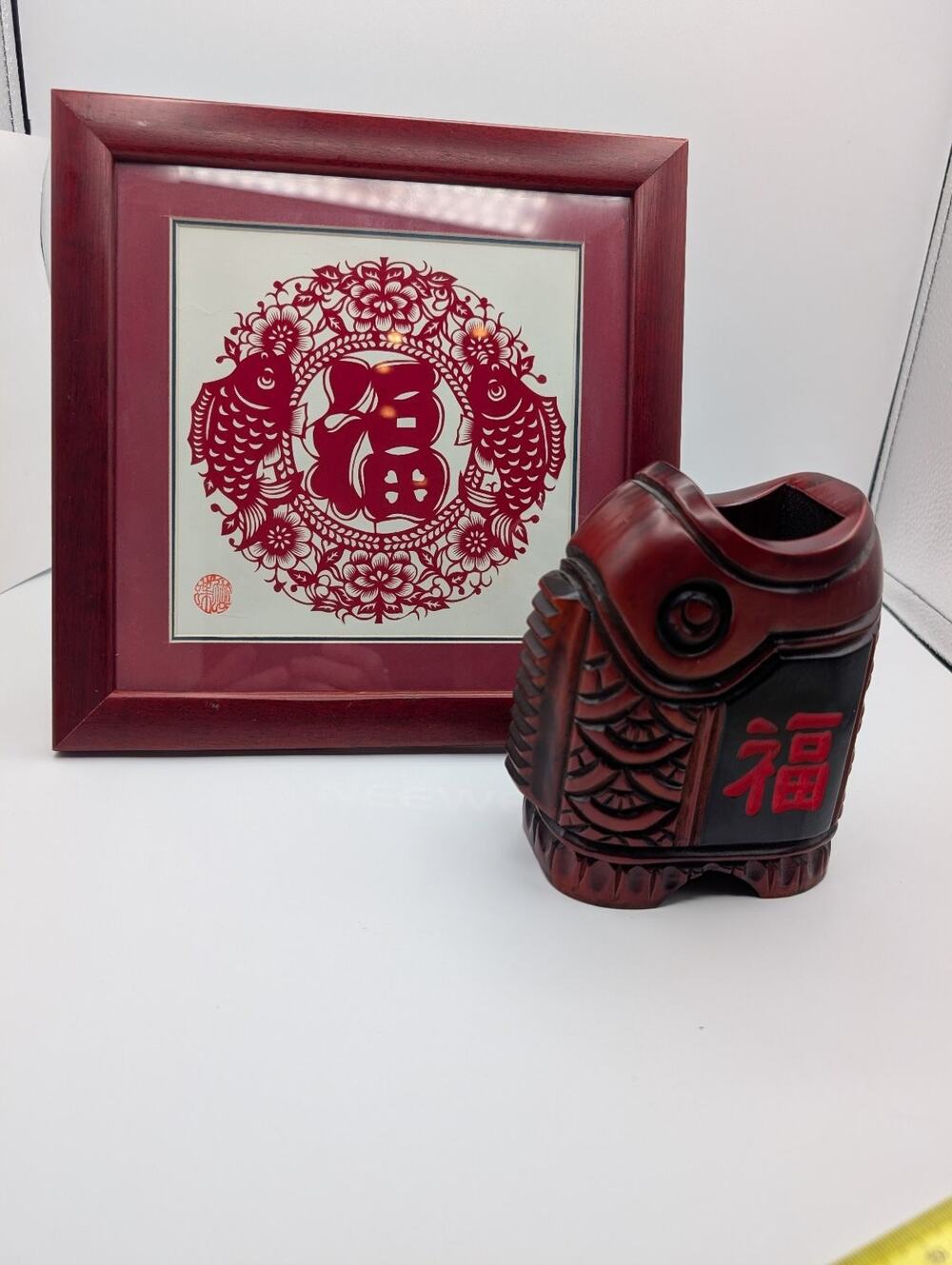 Chinese Red Paper Cut Art 福 Koi Fish Framed & Carved Wood Fish Pen Holder Set